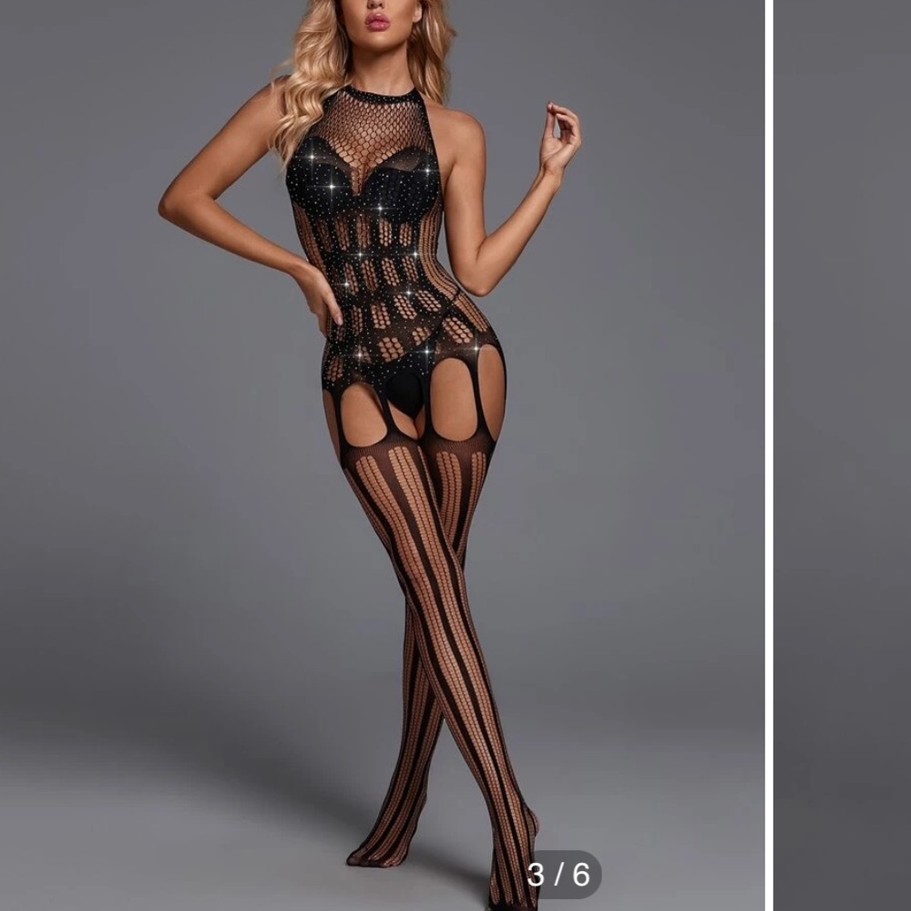 Rhinestone Studded Fishnet Bodystocking WITHOUT Lingerie Set